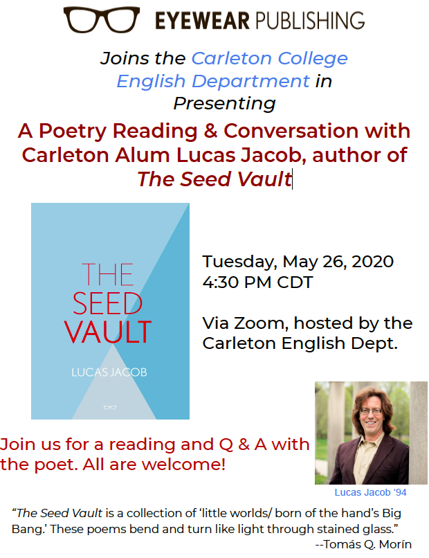 Flyer for Lucas Jacob Poetry Reading at Carlton College